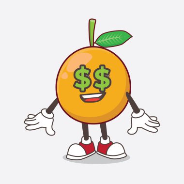 Gözlerinde para sembolü olan Afrika Mangosteen çizgi film maskotu karakteri