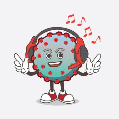 Virüs karikatür karakteri bir kulaklıkla müzik dinliyor.