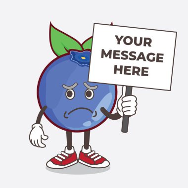 Blueberry Fruit çizgi film karakteri. Gülmeyen suratlı ve elinde mesaj panosu olan bir maskot.