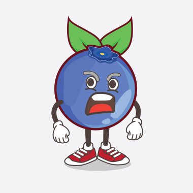 Kızgın yüzlü bir Blueberry Fruit çizgi film maskotu karakteri.
