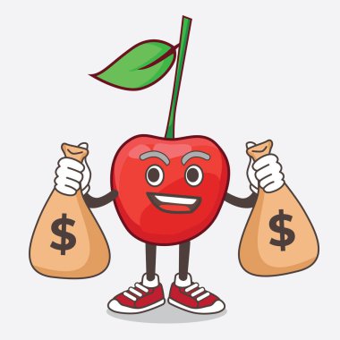 Bing Cherry karikatür maskot karakterinin para çantaları tutan bir resmi.