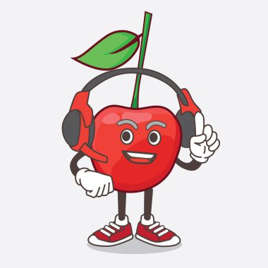 Kulaklıkla konuşan Bing Cherry çizgi film maskotu.