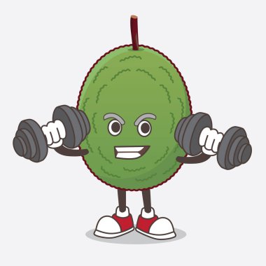Bir Jackfruit karikatür karakteri spor salonunda halterleri denerken.