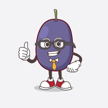 Java Plum karikatür işadamı maskot karakterinin kravat ve gözlük taktığı bir fotoğraf.