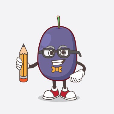 Java Plum karikatür maskot karakterinin elinde kalem tutan bir resmi.