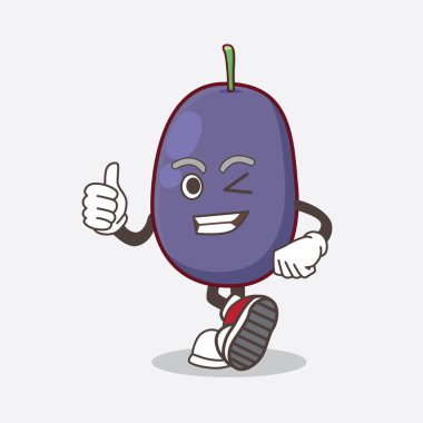 Java Plum karikatür maskot karakterinin bir fotoğrafı başparmakları yukarı kaldırıyor.