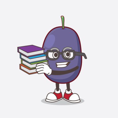 Java Plum çizgi film maskotu karakterinin bir resmi. Bazı kitaplarla çalışıyor.