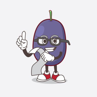 Elinde menü tutan Java Plum çizgi film maskotu bir resim.