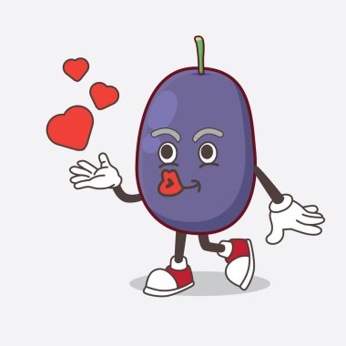 Kızgın yüzlü Java Plum çizgi film maskotu karakteri.