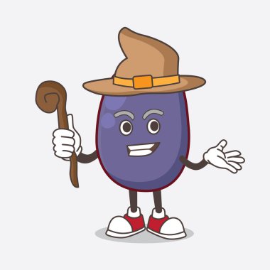 Java Plum karikatür maskot karakterinin sahnede bir cadı resmi.