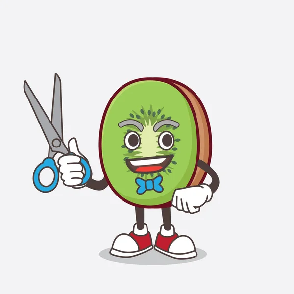 Kiwi Fruit Maskot Karakterinin Elinde Makasla Gülümseyen Berber Resmi — Stok Vektör