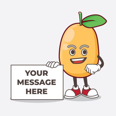 Bir Kumquat Fruit maskot karakteri tabela mesajı tutuyor.