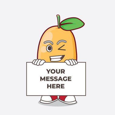 Bir Kumquat Fruit çizgi film karakteri maskot karakterinin komik yüzü bir tahtanın arkasında saklanıyor.