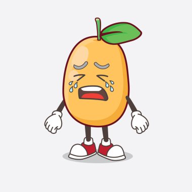Ağlayan ifadeli bir Kumquat Fruit çizgi film karakteri.