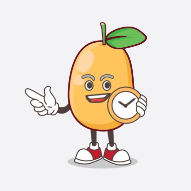 Bir Kumquat Fruit çizgi film karakteri saat tutuyor.