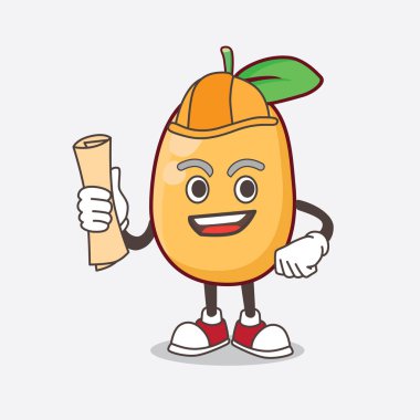 Kumquat Fruit 'in bir tasviri. Mimar çizgi film karakteri. Üzerinde planlar ve sarı başlık var.