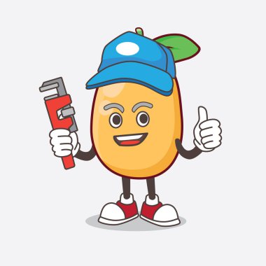 Kumquat Fruit çizgi film karakteri maskot karakterinin mutlu bir muslukçu olarak tasviri.