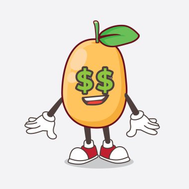 Gözlerinde para sembolü olan Kumquat Fruit çizgi film karakteri.