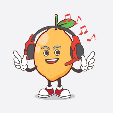 Lemon Fruit 'in bir çizimi. Maskot karakteri. Kulaklıkla müzik dinliyor.
