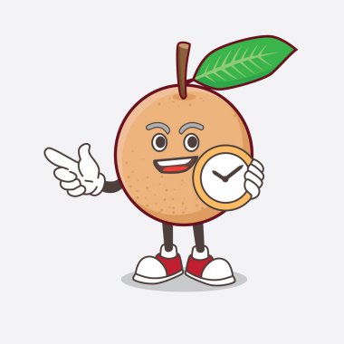 Longan Fruit çizgi film karakteri saat tutuyor.