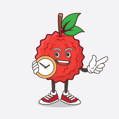 Lychee Fruit 'in saat tutan maskot karakterinin bir çizimi.