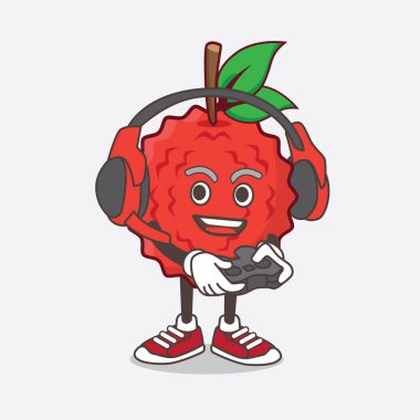 Lychee Fruit çizgi film maskotu karakterinin bir çizimi kulaklık ve kontrolörle bir oyun oynuyor.