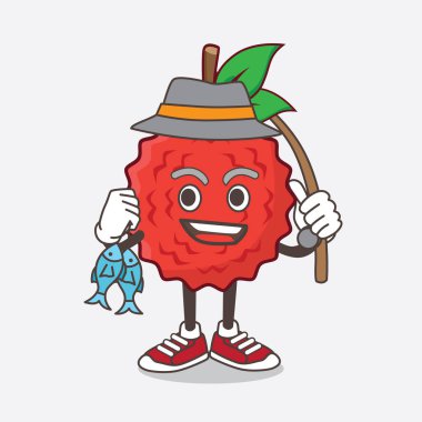 Lychee Fruit çizgi filmindeki maskotun iki balıkla balık tutuşu.