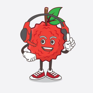 Kulaklıkla konuşan Lychee Fruit çizgi film karakteri.