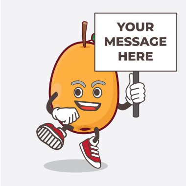 Pano işaretli bir Loquat Fruit çizgi film maskotu karakteri.