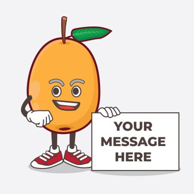 Bir Loquat Fruit çizgi film maskotu karakteri tabela mesajı tutuyor.