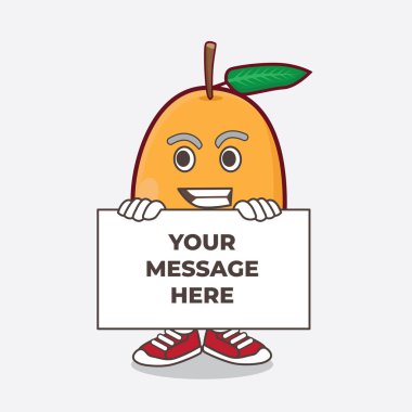 Loquat Fruit çizgi film maskotu karakterinin bir çizimi. Komik suratlı, bir panonun arkasında saklanıyor.