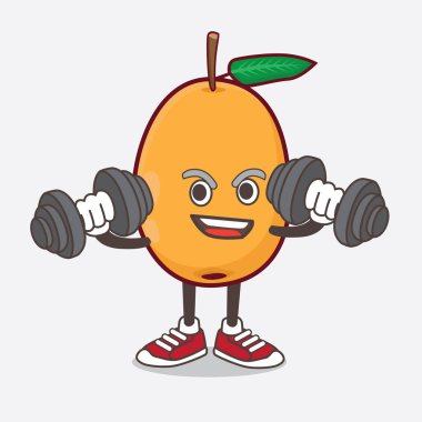 Fitness egzersizindeki Loquat Fruit çizgi film karakteri halterleri denerken bir çizim.