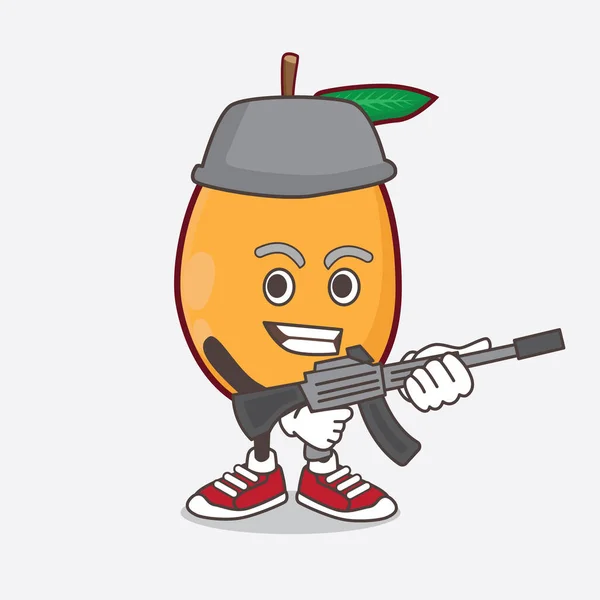 機関銃と軍の制服でのロケットフルーツ漫画のマスコットキャラクターのイラスト — ストックベクタ