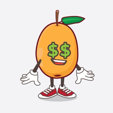 Gözlerinde para sembolü olan Loquat Fruit çizgi film karakteri.