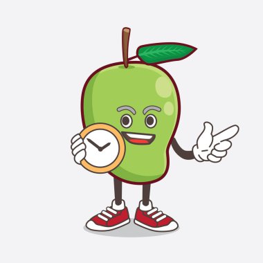 Mango Fruit çizgi film maskotu bir saat tutuyor.
