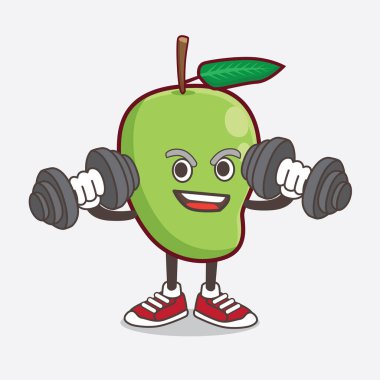 Spor salonunda halterleri denerken mango meyveli maskot karakterinin bir çizimi.