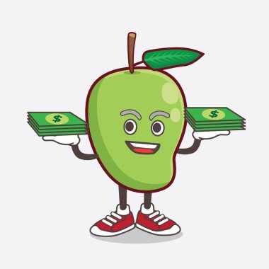 Mango Fruit çizgi film maskotu, elinde para olan bir çizim.