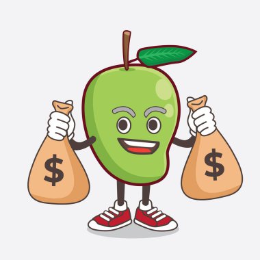 Mango Fruit çizgi film karakteri para çantaları tutuyor.