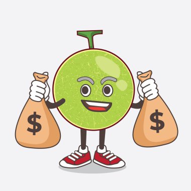 Kavun karikatür maskot karakterinin para torbaları tutan bir resmi.