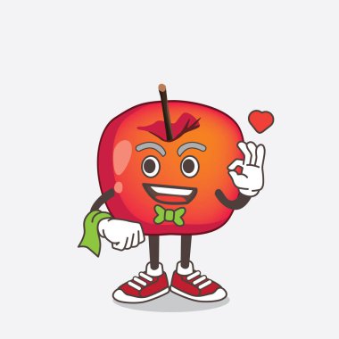 Garson olarak çalışan Crab Apple çizgi film maskotu karakterinin bir çizimi.