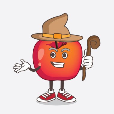 Crab Apple çizgi film maskotu karakterinin şapka ve asa takan bir çizimi.