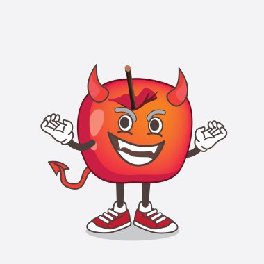 Boynuzları ve kuyruğu olan kırmızı şeytan rolündeki Crab Apple çizgi film maskotu karakterinin bir çizimi.