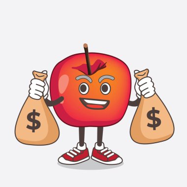 Yengeç Elması çizgi film maskotu karakterinin para torbaları tutan bir resmi.