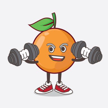Clementine Orange Fruit çizgi film maskotu karakterinin spor salonunda halterleri denerken bir çizimi.