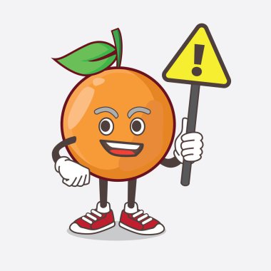 Clementine Orange Fruit çizgi film maskotu karakterinin çizimi bir uyarı işareti oluşturur.