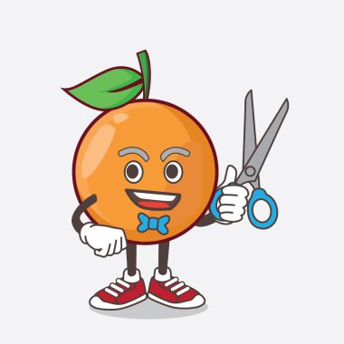 Clementine Orange Fruit çizgi film karakteri elinde makasla gülümseyen berber rolünde.