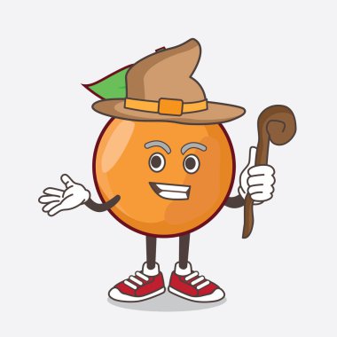 Clementine Orange Fruit çizgi film maskotu karakterinin çizimi. Şapka ve asa takan bir cadı.