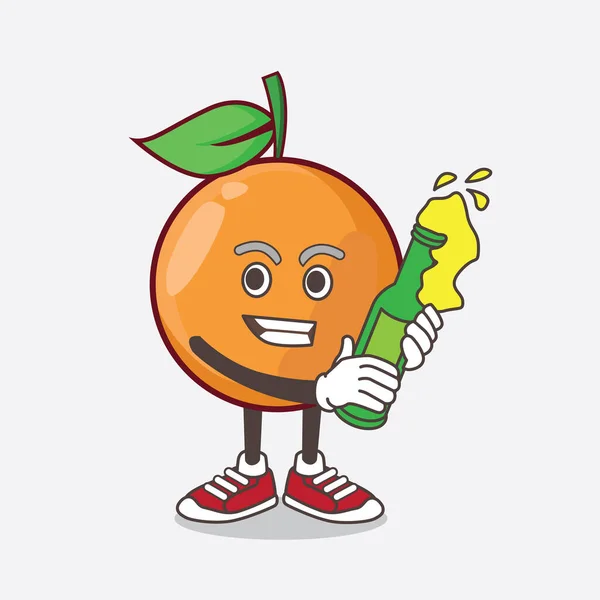 Illustration Clementine Orange Fruit Cartoon Mascot Character Holding Bottle Beer — Stock Vector