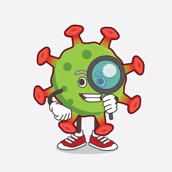 緑のコロナウイルスの漫画マスコットキャラクターの探偵デザインのイラスト — ストックベクタ