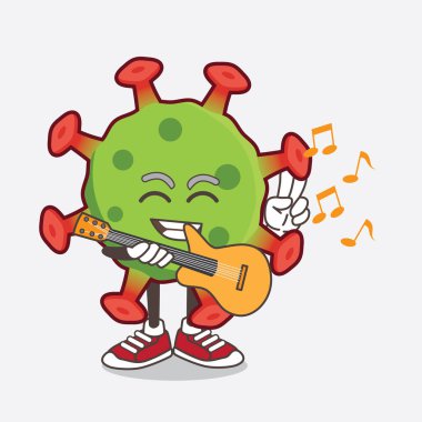Gitar çalan Yeşil Corona Virüsü çizgi film maskotu karakterinin bir çizimi.